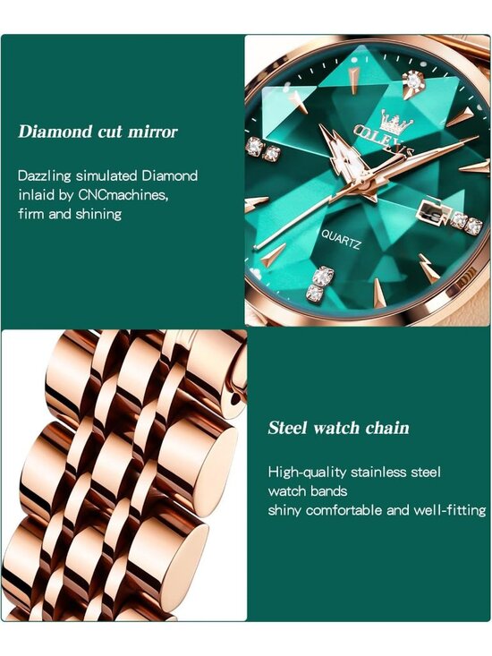 Women\'s Green Diamond Rose Gold Stainless Steel Waterproof Quartz Luxury Watch